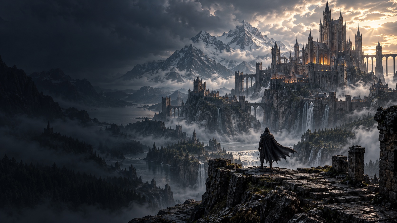 Un viajero contempla un castillo entre montañas y niebla